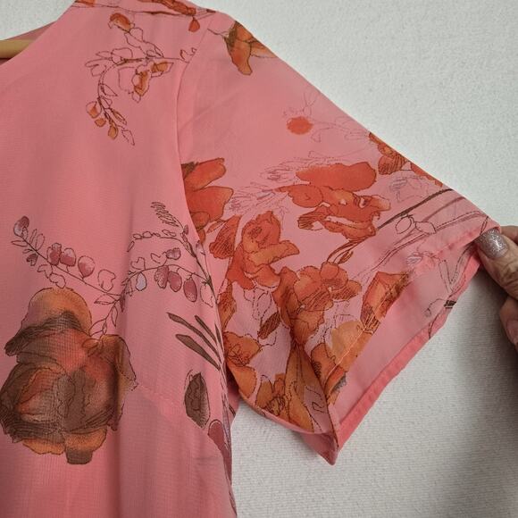 VTG Norm Thompson Maxi Dress Sz L Pink Peach Floral Chiffon Lined Short Sleeve - Picture 7 of 16